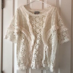 Anthro Baraschi White Crochet Fringe Lace Top Sz S